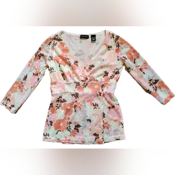 New York & Company Womens Y2K Mesh Floral Faux Wrap Top SIZE XS Pastel Stretch - Picture 1 of 7